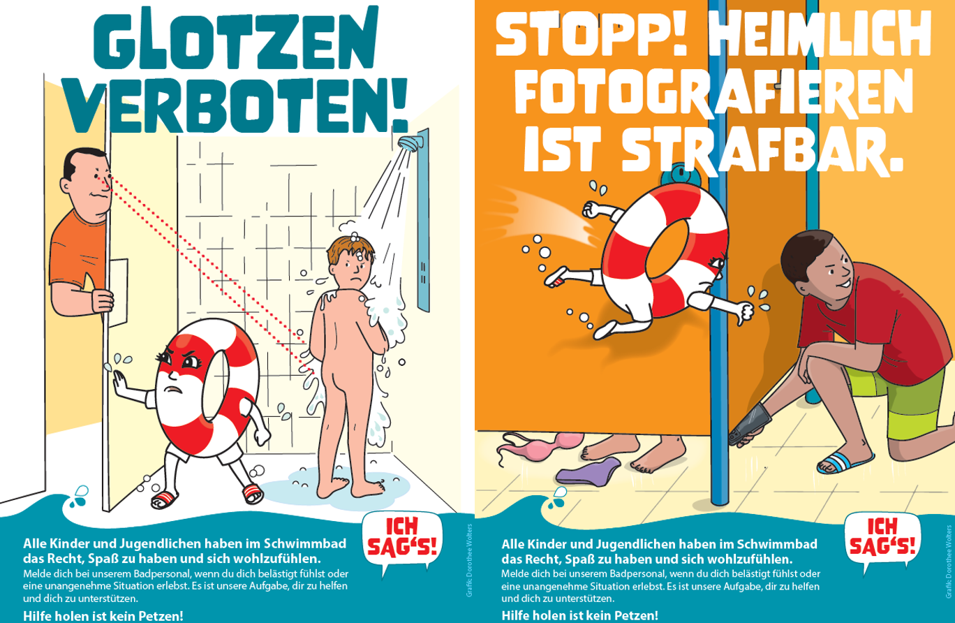 Das Bild zeigt zwei der Kampagnenmotive: Glotzen verboten, bei dem ein Mann einen Jungen unter der Dusche anstarrt sowie einen anderen Mann, der ein Mädchen unter der Umkleidewand durch fotografiert.
