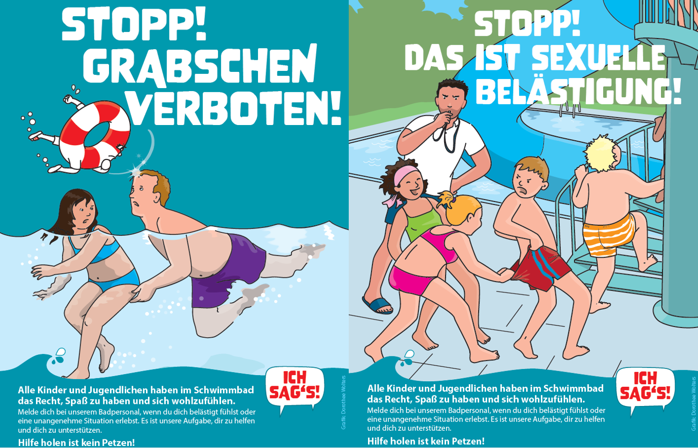 Das Bild zeigt zwei der Kampagnenmotive: Grabschen verboten, bei dem ein Mann einem Mädchen unter Wasser an den Hintern fasst und ein Mädchen, das einem Jungen vor anderen Kindern die Badehose runterzieht.