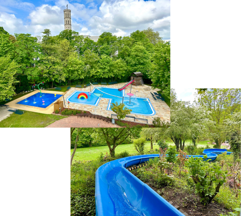 Kinderplanschbecken im Freibad Bürgerpark mit buntem Regenbogen-Wasserspiel und Flamingo-Figur  Belebtes Schwimmbecken im Freibad Bürgerpark mit Badegästen, Sprungturm und parkähnlicher Umgebung