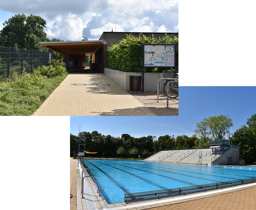 Eingangsbereich des Freibads Raffteich mit überdachtem Zugang, Infotafel und Fahrradständern. Großes Schwimmbecken im Freibad Raffteich mit Sprungturm, Tribüne und weitläufiger Grünanlage