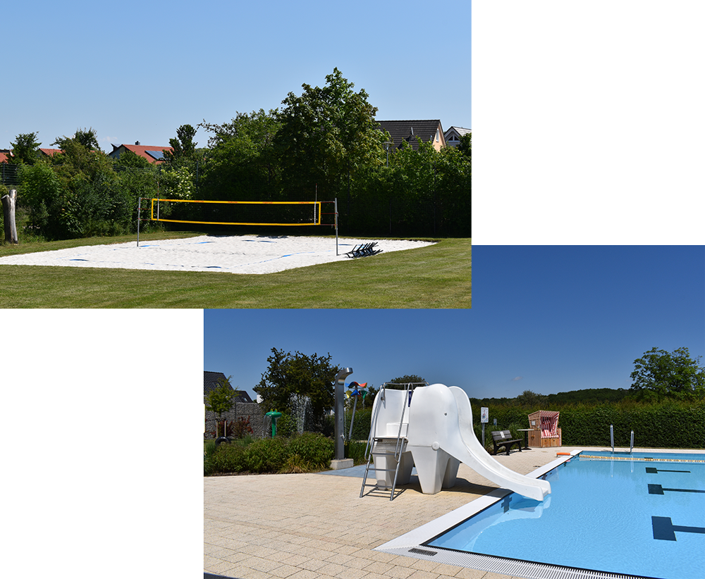 Wasserspielbereich im Freibad Waggum mit spritzenden Fontänen und naturnaher Bepflanzung. Schwimmbecken im Freibad Waggum mit Einstiegsleiter, Bahnmarkierung und sonniger Grünanlage