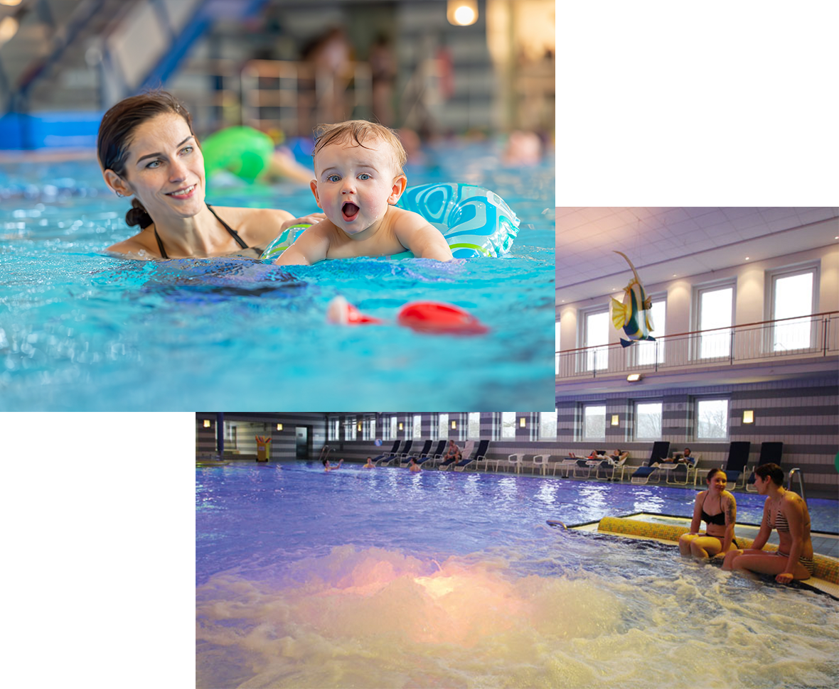 Besucher genießen Wassermassagen unter einem Wasserfall im Erlebnisbecken des Stadtbads Bürgerpark. Großzügiges Innenbecken im Stadtbad Bürgerpark mit Sprudelliegen, Ruhezonen und moderner Hallenarchitektur