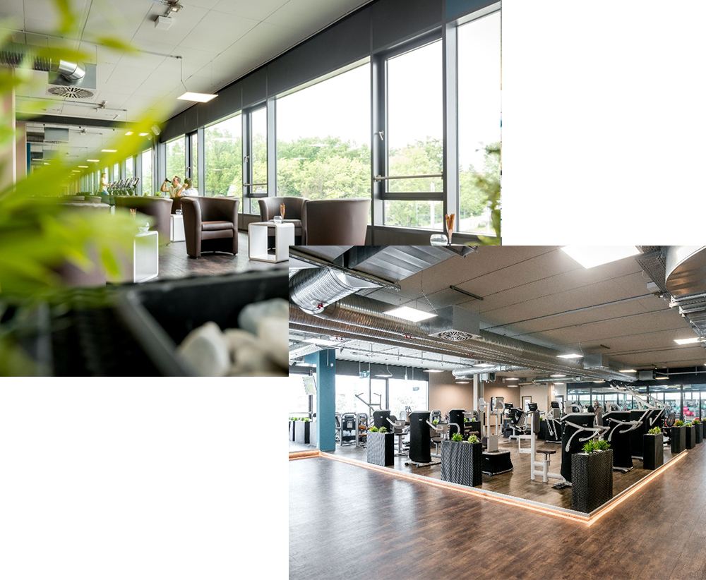 Lounge- und Ruhebereich der Sportwelt mit bequemen Sesseln und großen Fensterfronten mit Ausblick ins Grüne  Moderner Fitnessbereich der Sportwelt mit Trainingsgeräten, großzügiger Raumgestaltung und Holzfußboden