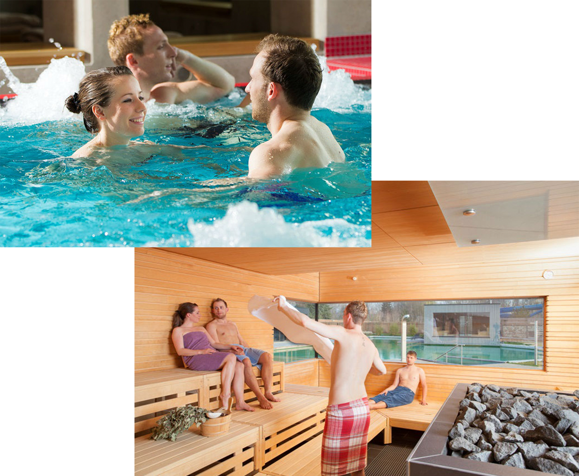 Gäste entspannen im warmen Whirlpool der Wasserwelt und genießen sprudelndes Wasser sowie gemeinsame Wellnesszeit. Saunaaufguss in der Wasserwelt mit Saunameister und Gästen auf Holzbänken mit Blick in den Außenbereich